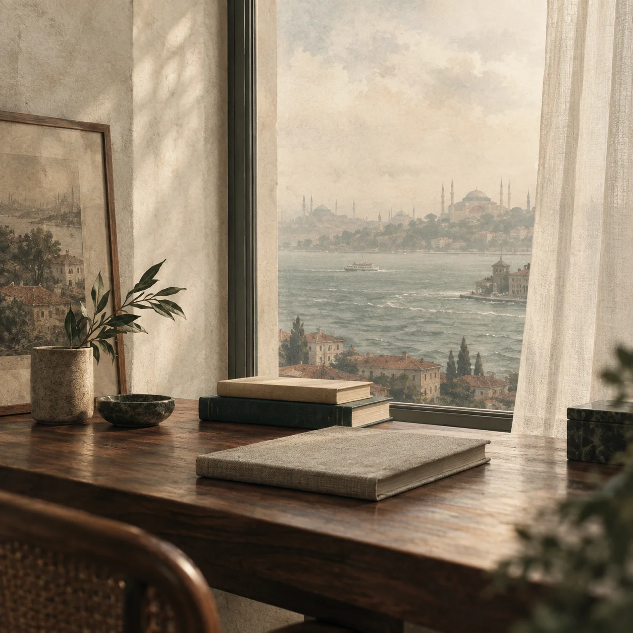 İstanbul siluetine açılan pencere önünde ahşap çalışma masası ve kitaplarla temsili büro illüstrasyonu