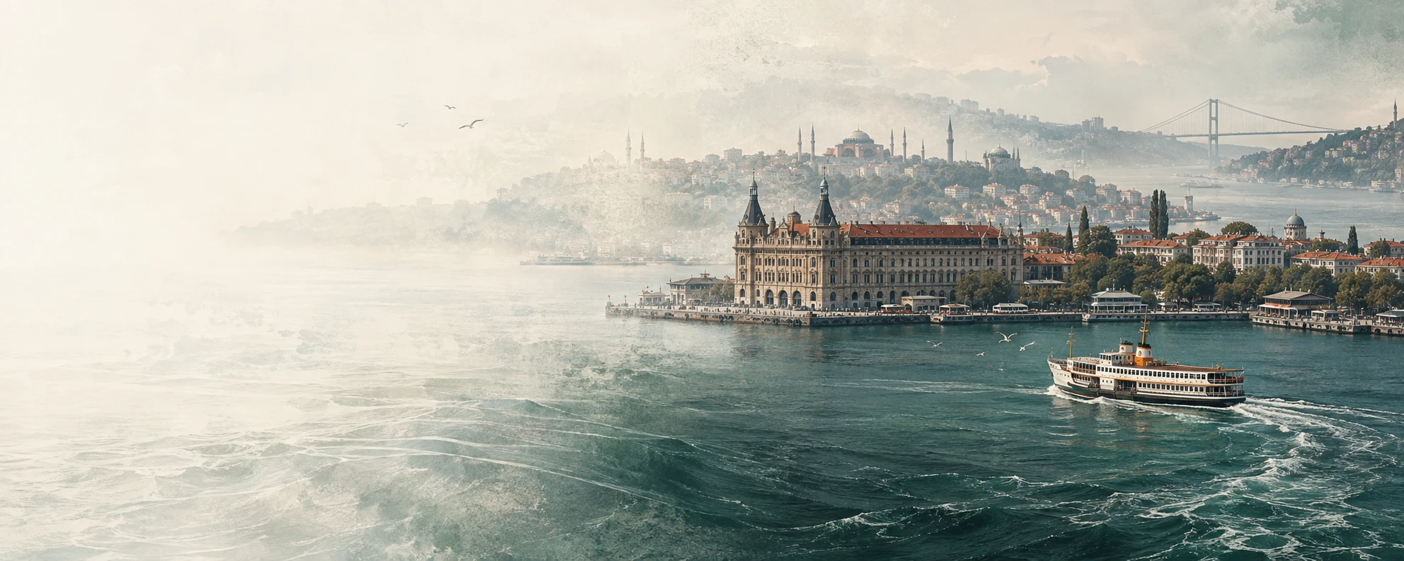 Kadıköy, Haydarpaşa, Boğaz ve vapur görüntülerinin sis ve soyut deniz dokularıyla harmanlandığı İstanbul panoraması
